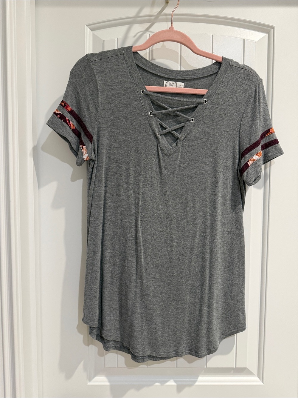 Gray Lace-Up Short Sleeve Tee with Accent Stripes